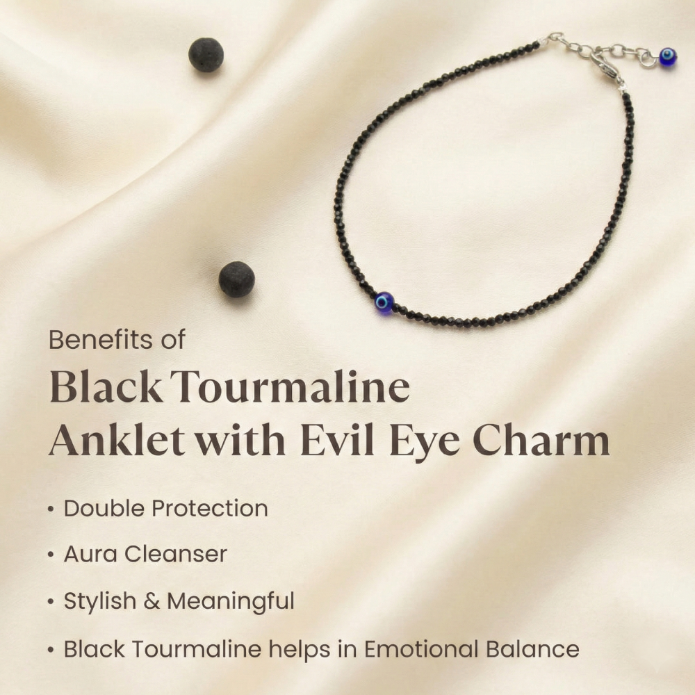 Black Tourmaline Anklet with Evil Eye Charm