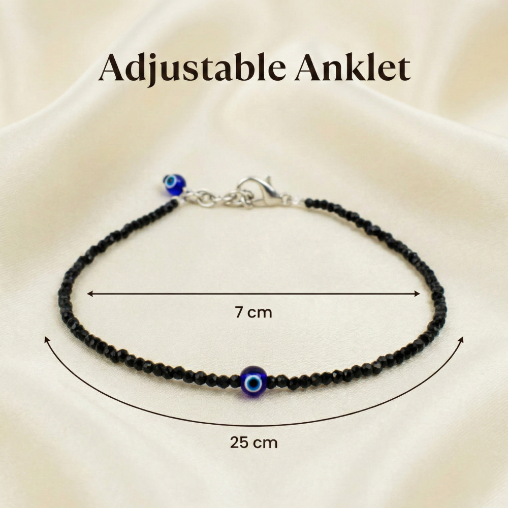 Black Tourmaline Anklet with Evil Eye Charm