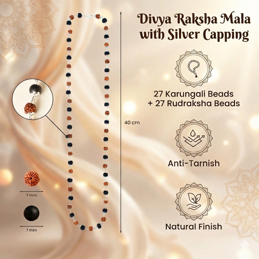 Divya Raksha Rudraksha & Karungali Mala with Silver Capping