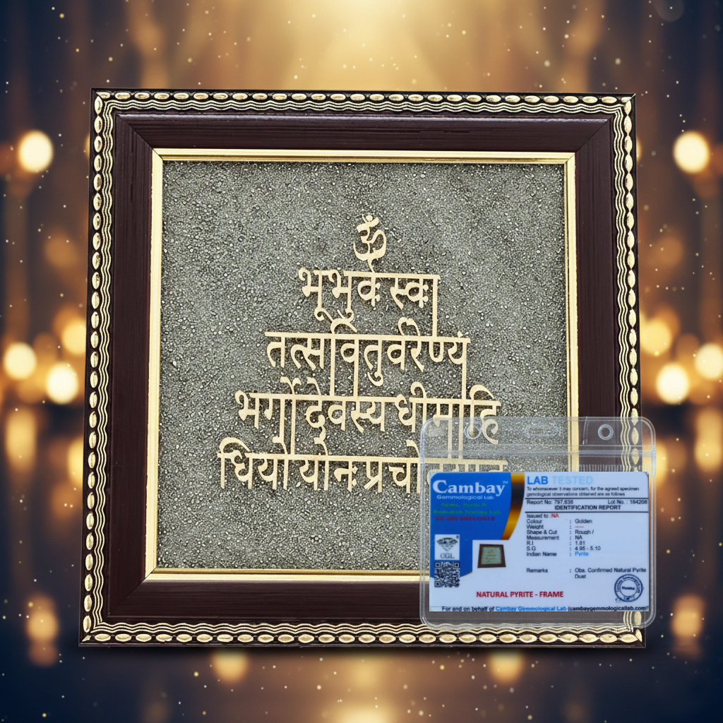 Gayatri Mantra Raw Pyrite Frame for Wisdom and Light