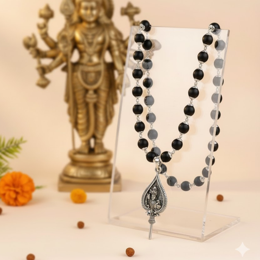 Original Karungali Mala (8mm) with Silver-Plated Murugan Vel Locket,