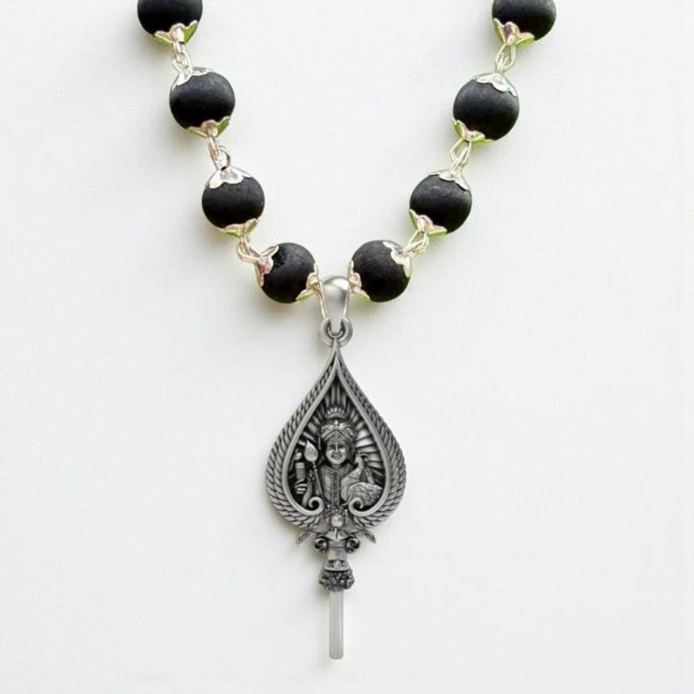 Original Karungali Mala (8mm) with Silver-Plated Murugan Vel Locket,