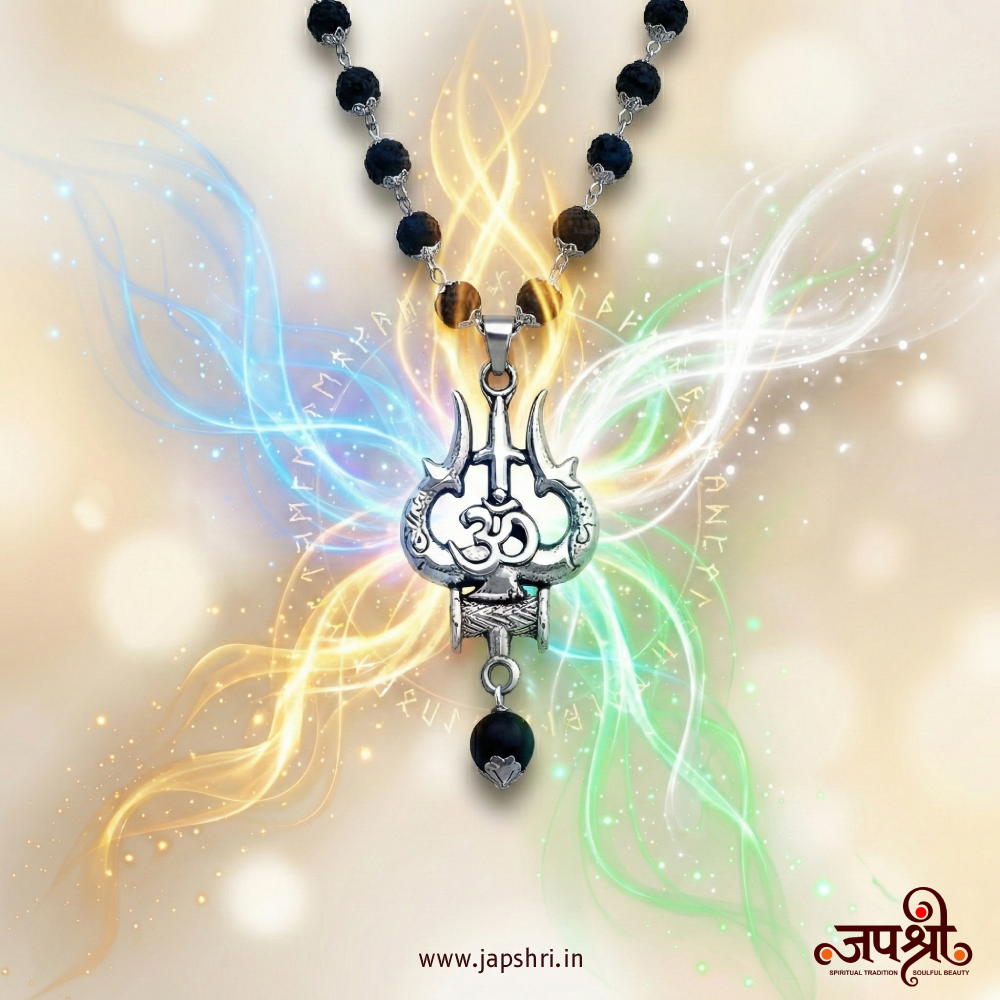 Om Trishul Pendant With Karungali Silver Cap Mala