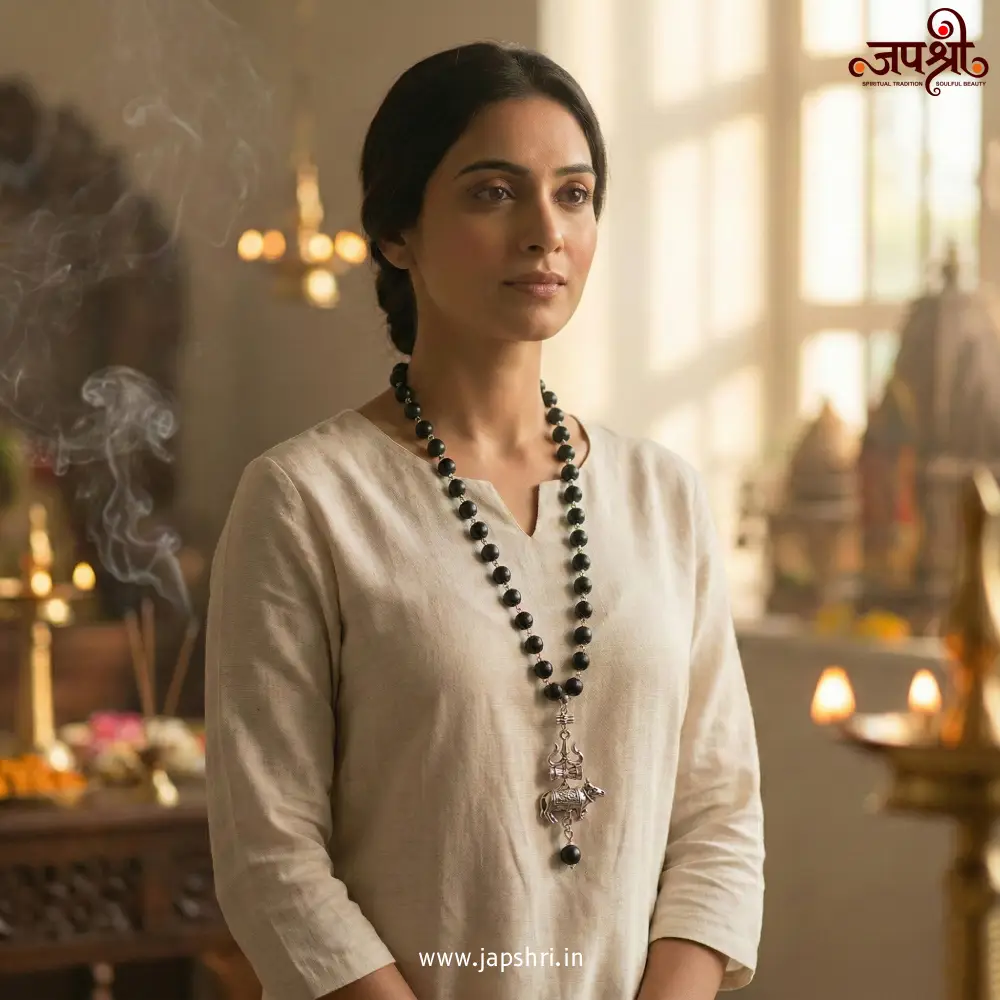 Antique Silver Plated Mahadev Mala with Trishul, Damru And Nandi Pendant