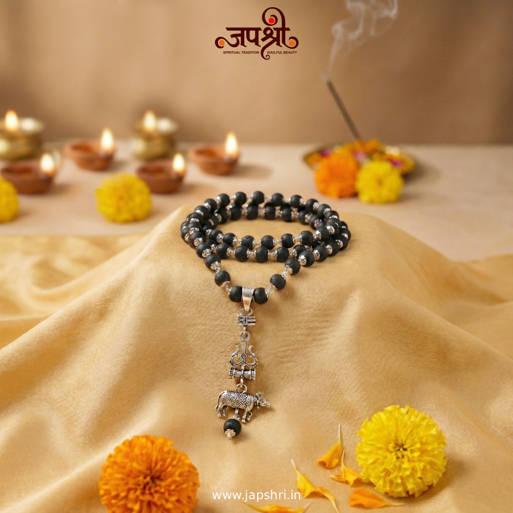 Antique Silver Plated Mahadev Mala with Trishul, Damru And Nandi Pendant