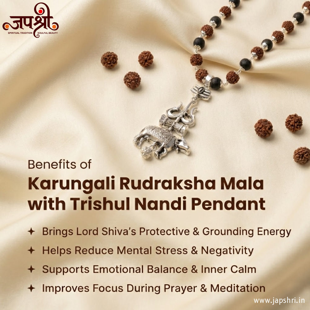 Trishul Nandi Damru Pendant with Karungali and Rudraksha beads