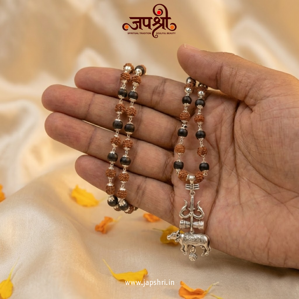 Trishul Nandi Damru Pendant with Karungali and Rudraksha beads